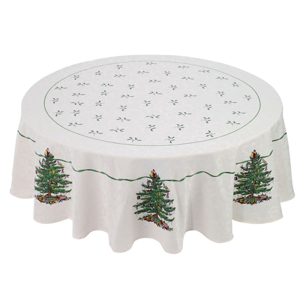 Spode Christmas Tree Fabric Tablecloth Holiday Holly Green Ribbon 70" Rd